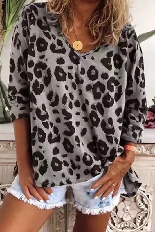 Brown leopard split joint v neck long sleeve tops