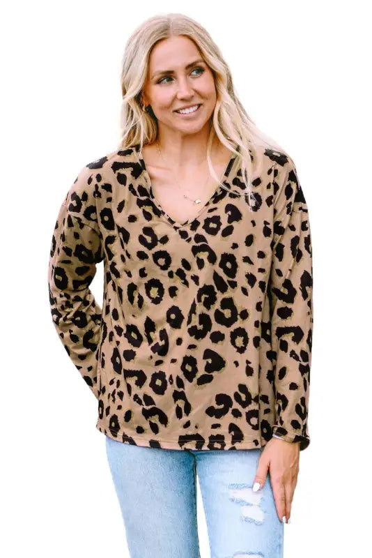 Brown leopard split joint v neck long sleeve tops