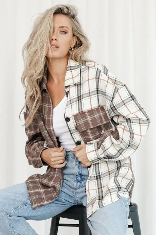 Brown mixed plaid soft oversized shirt - tops