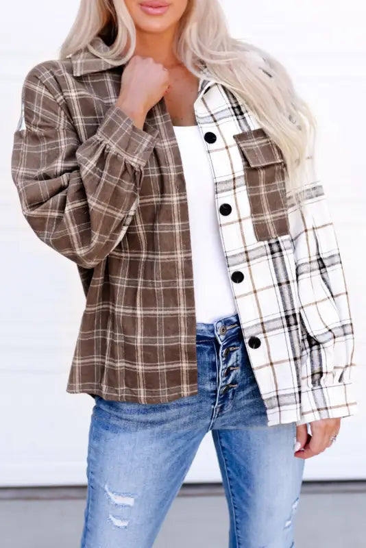 Brown mixed plaid soft oversized shirt - tops