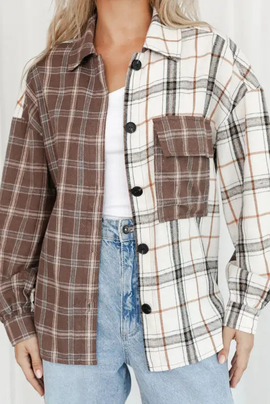 Brown mixed plaid soft oversized shirt - tops