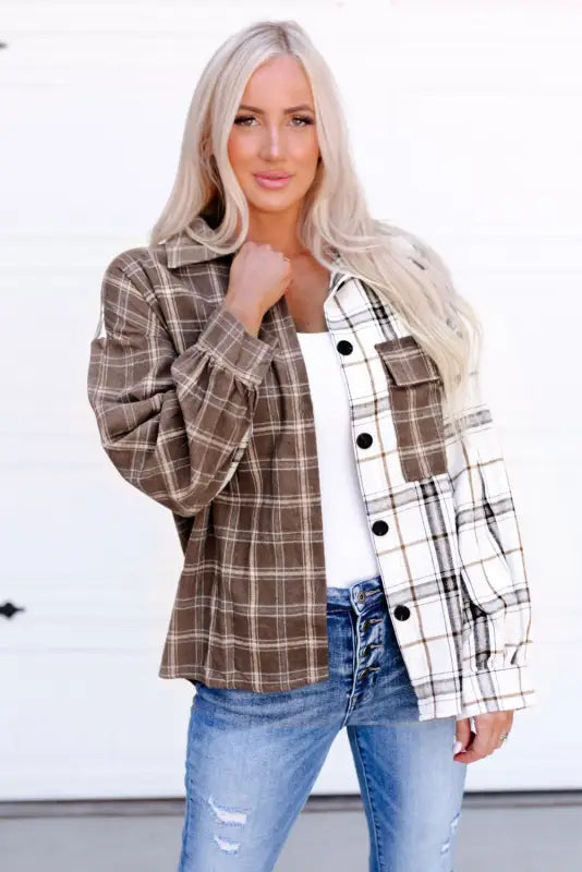 Brown mixed plaid soft oversized shirt - tops