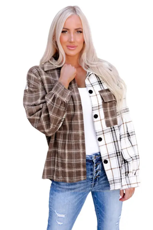 Brown mixed plaid soft oversized shirt - tops