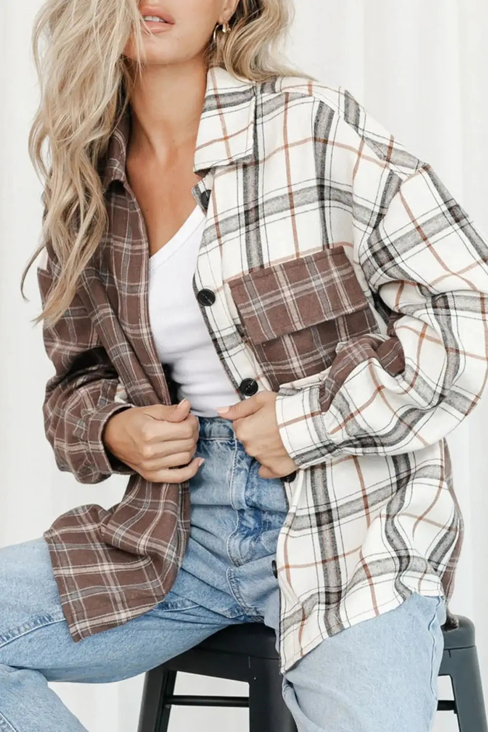 Brown mixed plaid soft oversized shirt - tops