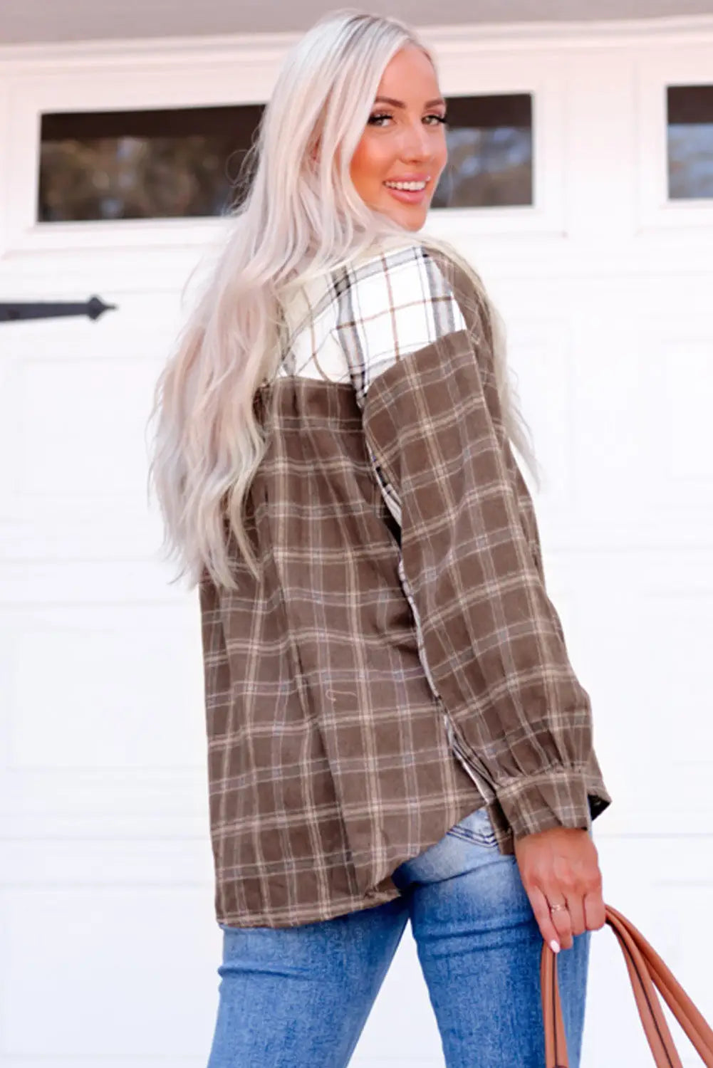 Brown mixed plaid soft oversized shirt - tops