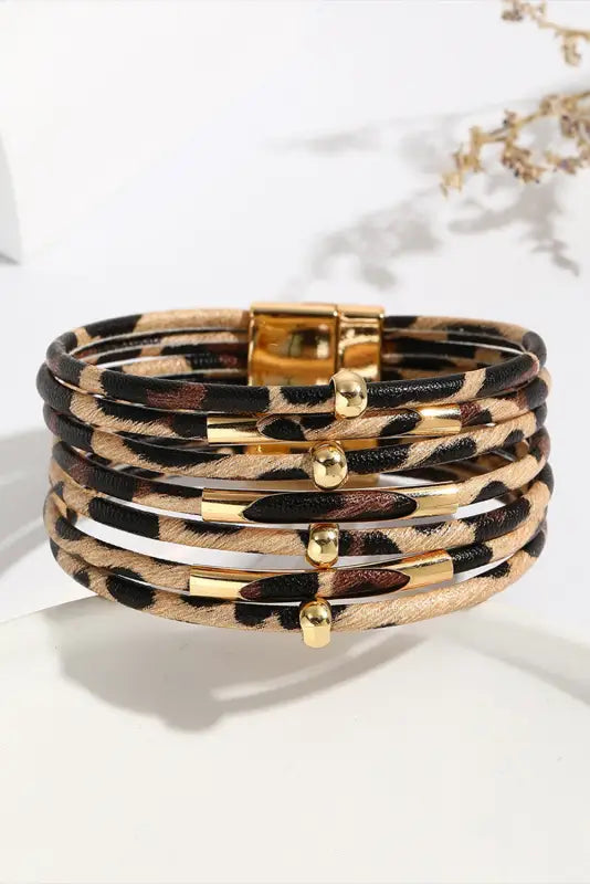 Brown multi - layer leopard beaded magnet buckle bracelet