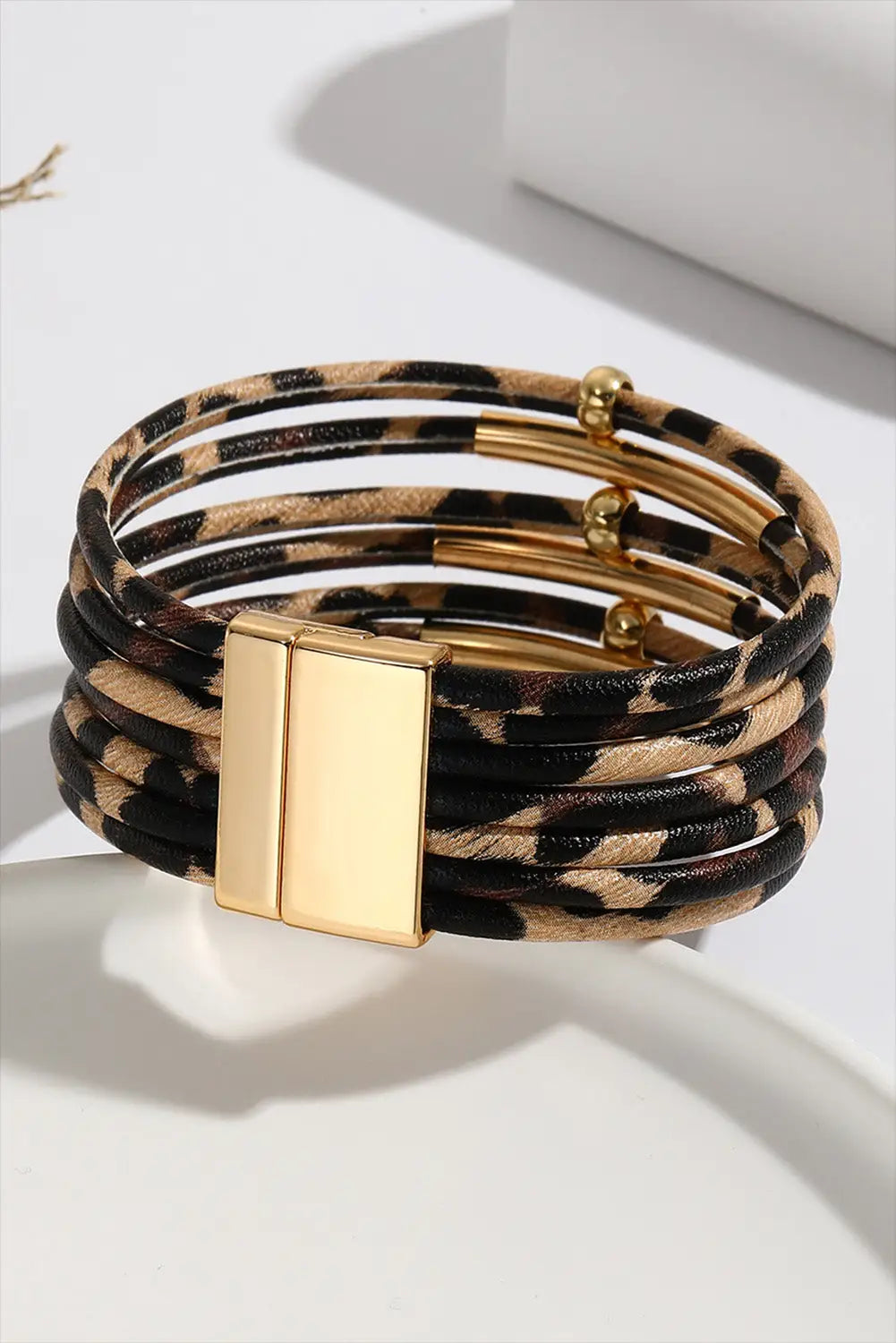 Brown multi-layer leopard beaded magnet buckle bracelet - one size / 95% pu + 5% alloy - accessories