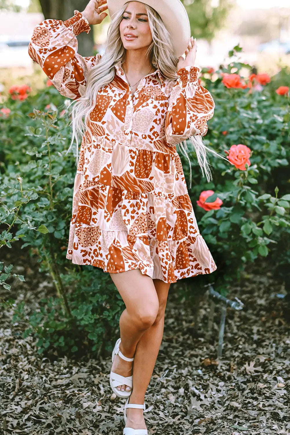 Brown multi pattern swing dress - s / 100% polyester - dresses