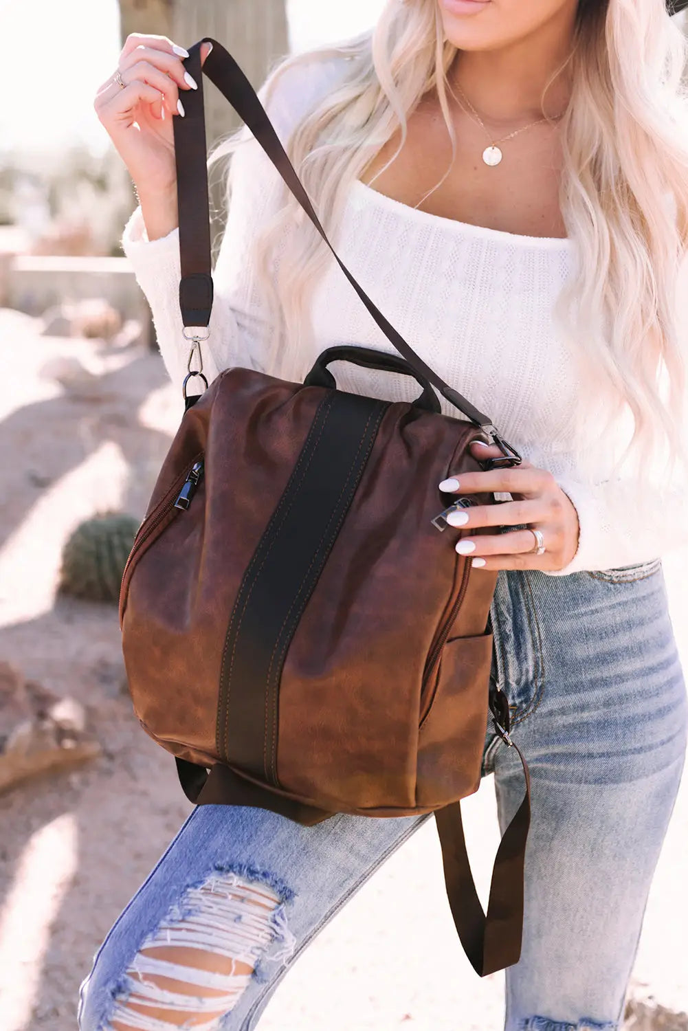 Brown multifunctional retro faux leather backpack - one size