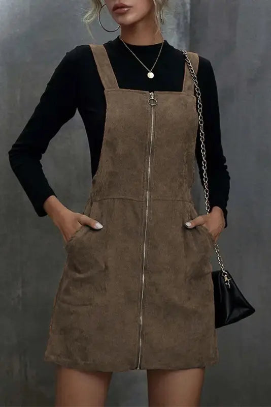 Brown o-ring zip up pocketed corduroy dress - s / 100% polyester - dresses