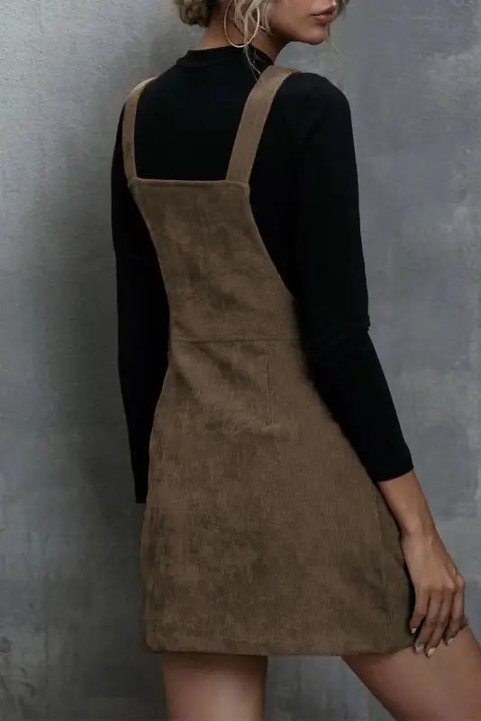 Brown o-ring zip up pocketed corduroy dress - dresses