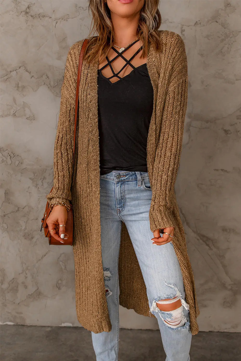Brown open front drop shoulder knitted cardigan - s / 100% acrylic - sweaters & cardigans