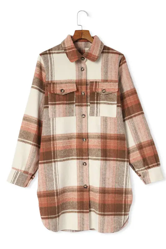 Brown plaid long shacket - shackets