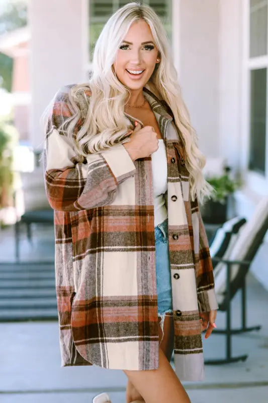 Brown plaid long shacket - s / 53.1% polyester + 26.6% cotton + 14.9% viscose + 5.4% polyamide - shackets