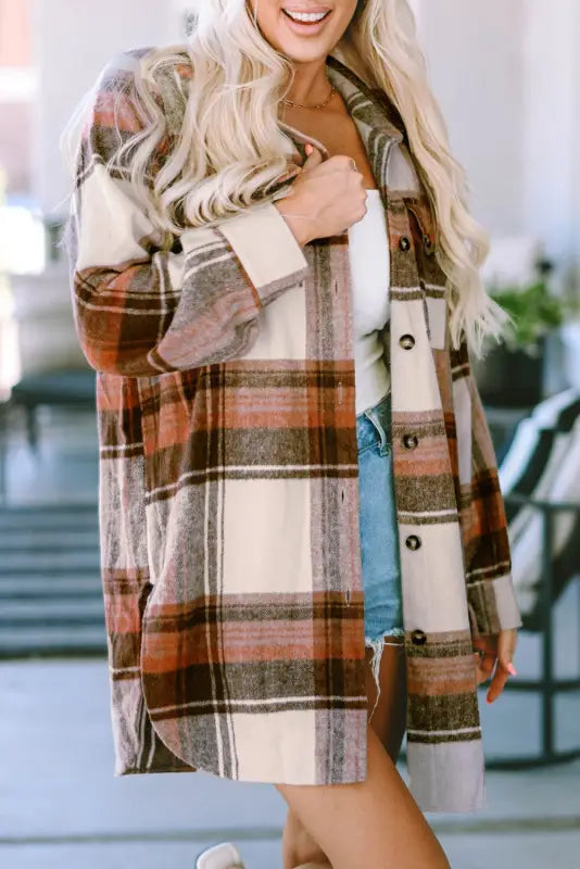 Brown plaid long shacket - shackets