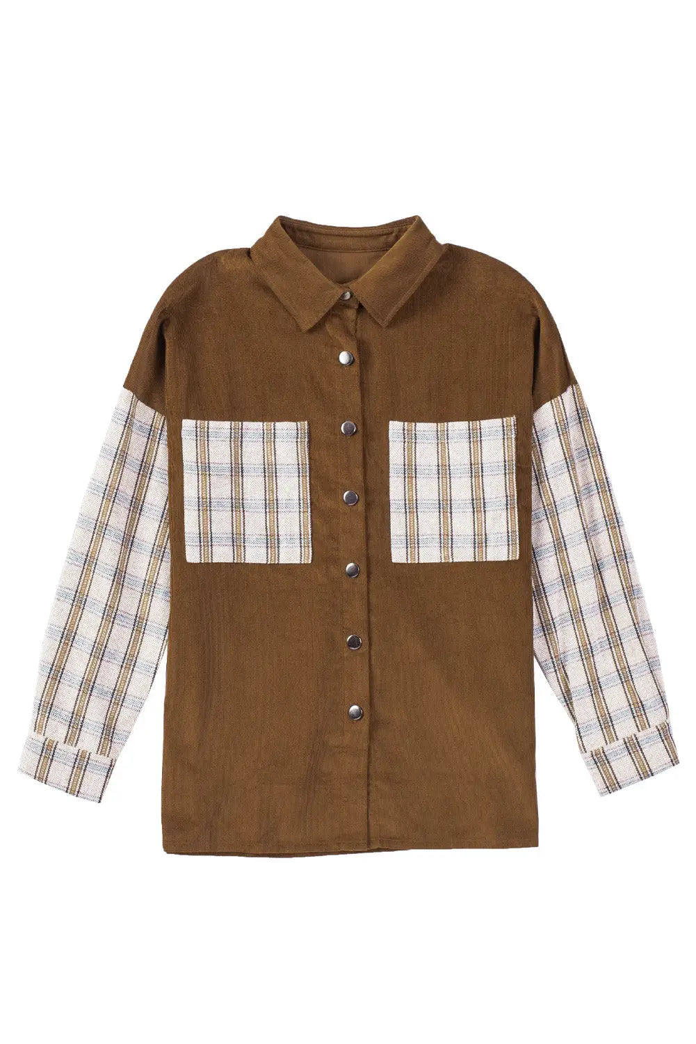 Brown plaid patchwork corduroy shirt jacket with pocket - jackets