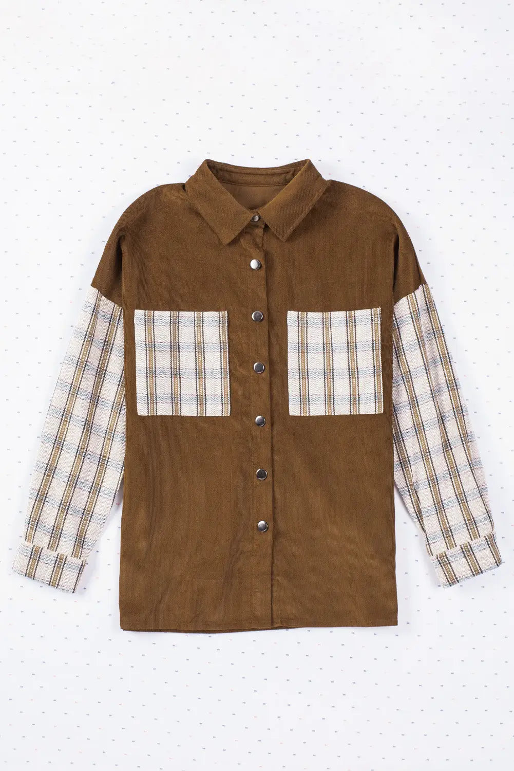 Brown plaid patchwork corduroy shirt jacket with pocket - jackets