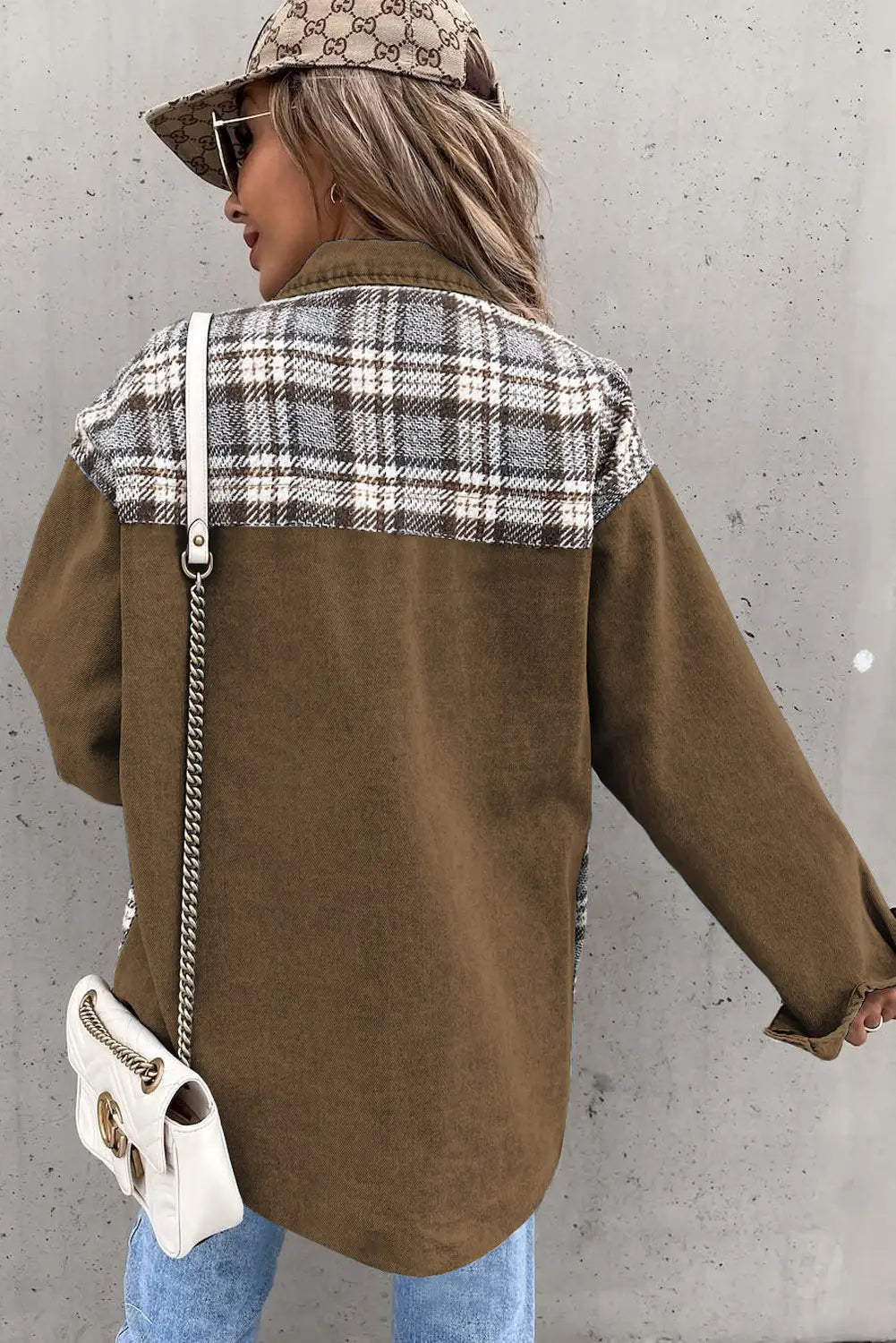 Brown plaid patchwork pockets denim jacket - jackets