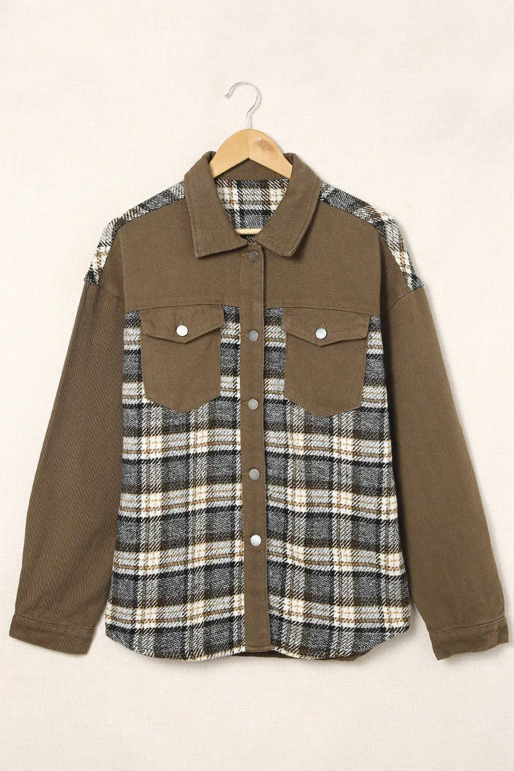Brown plaid patchwork pockets denim jacket - jackets