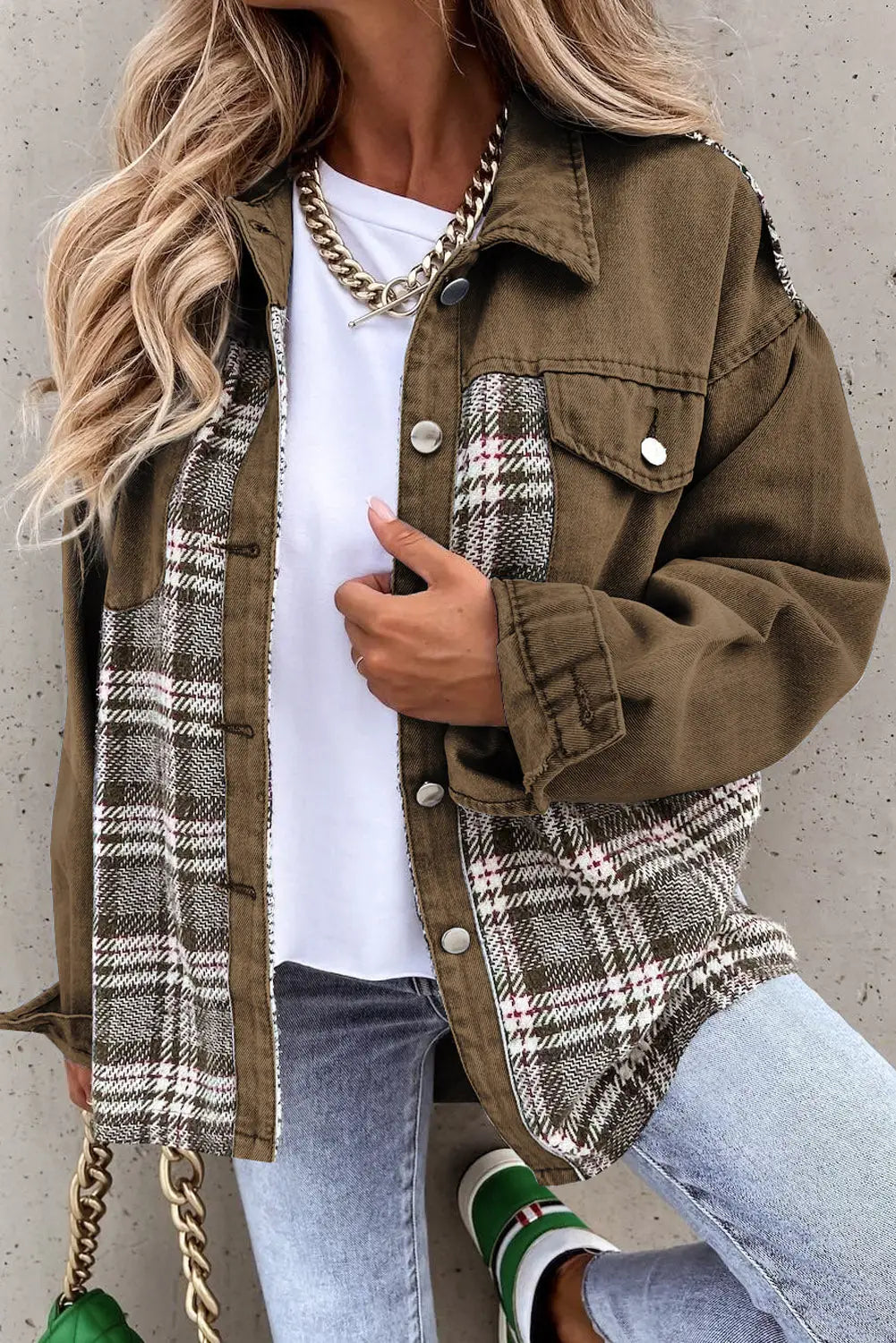 Brown plaid patchwork pockets denim jacket - s / 100% cotton - jackets