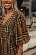 Brown Plaid Pattern Empire Waist Babydoll Dress - Fashionfitz