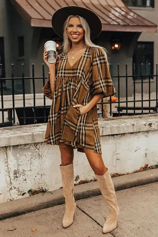 Brown Plaid Pattern Empire Waist Babydoll Dress - Fashionfitz
