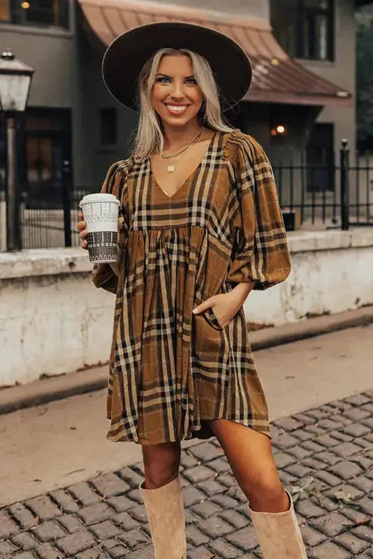 Brown Plaid Pattern Empire Waist Babydoll Dress - Fashionfitz