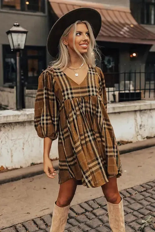 Brown Plaid Pattern Empire Waist Babydoll Dress - Fashionfitz