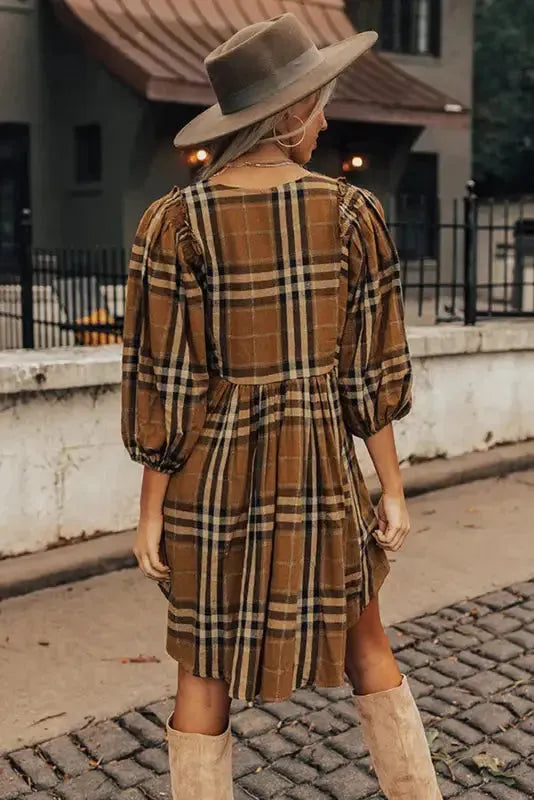 Brown Plaid Pattern Empire Waist Babydoll Dress - Fashionfitz