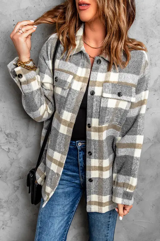 Brown plaid women shacket - shackets