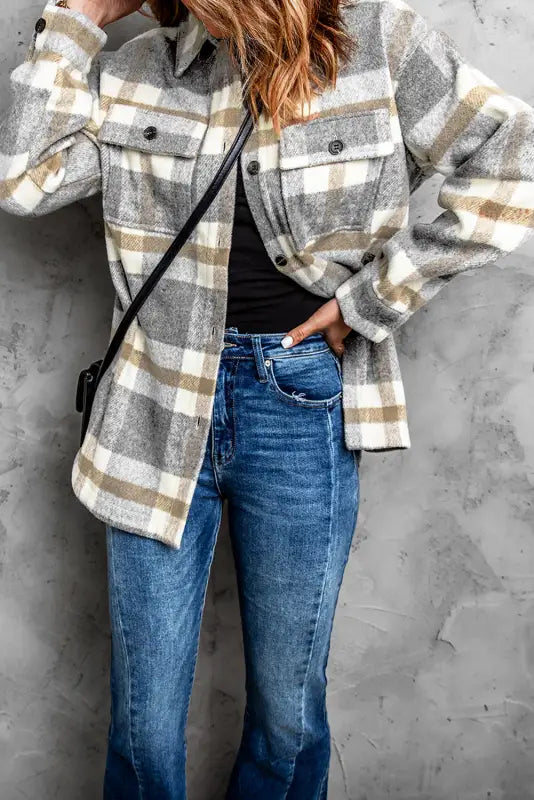 Brown plaid women shacket - shackets