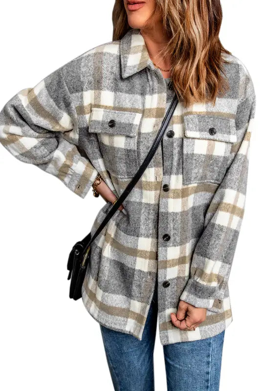 Brown plaid women shacket - shackets