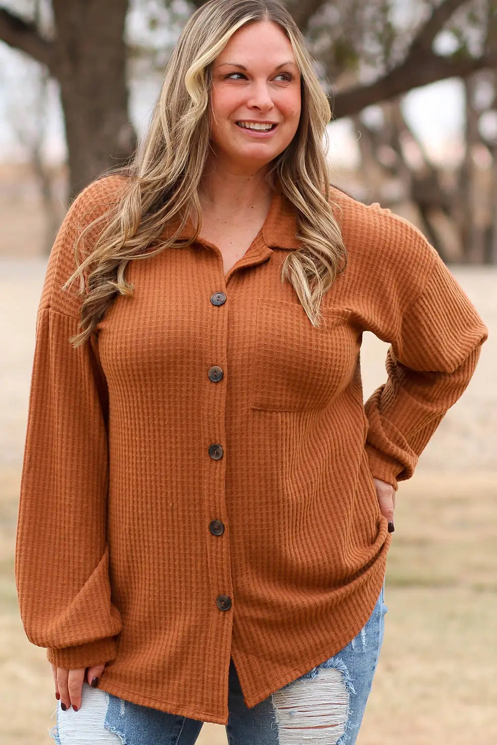 Brown plus size waffle knit textured shacket