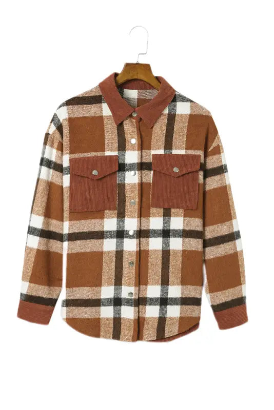 Brown pocketed buttoned plaid shirt jacket - shackets