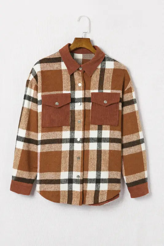 Brown pocketed buttoned plaid shirt jacket - shackets