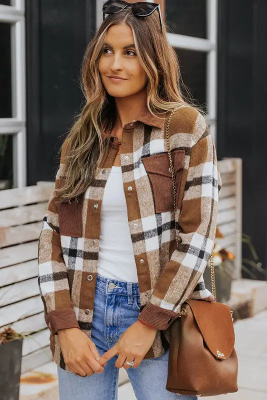 Brown pocketed buttoned plaid shirt jacket - shackets