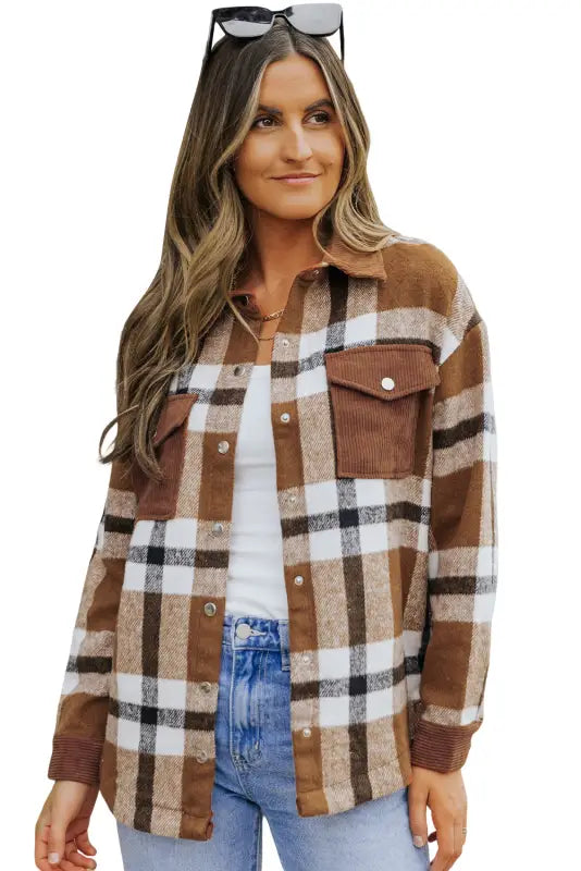 Brown pocketed buttoned plaid shirt jacket - shackets