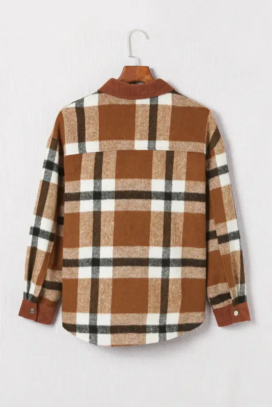 Brown pocketed buttoned plaid shirt jacket - shackets