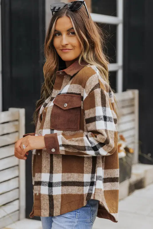 Brown pocketed buttoned plaid shirt jacket - shackets