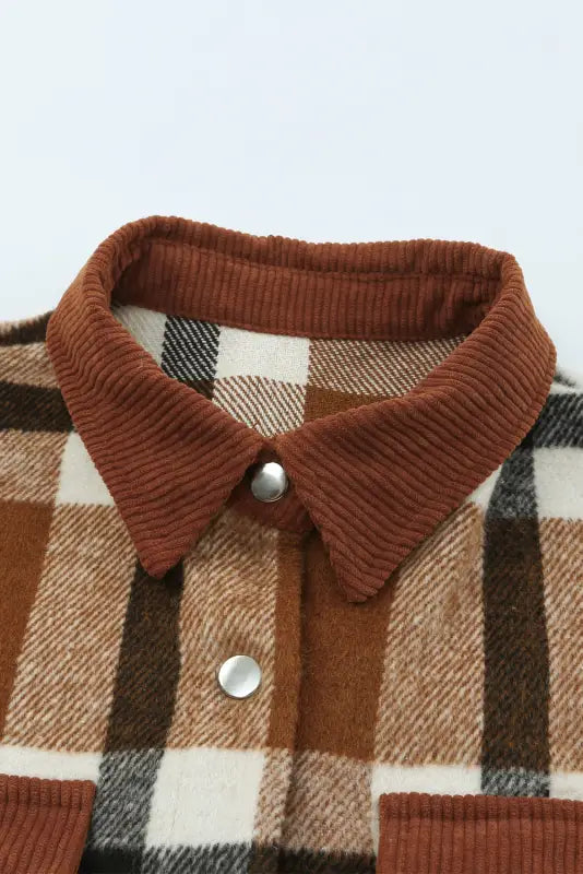 Brown pocketed buttoned plaid shirt jacket - shackets