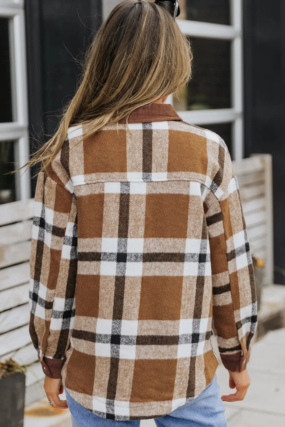 Brown pocketed buttoned plaid shirt jacket - shackets