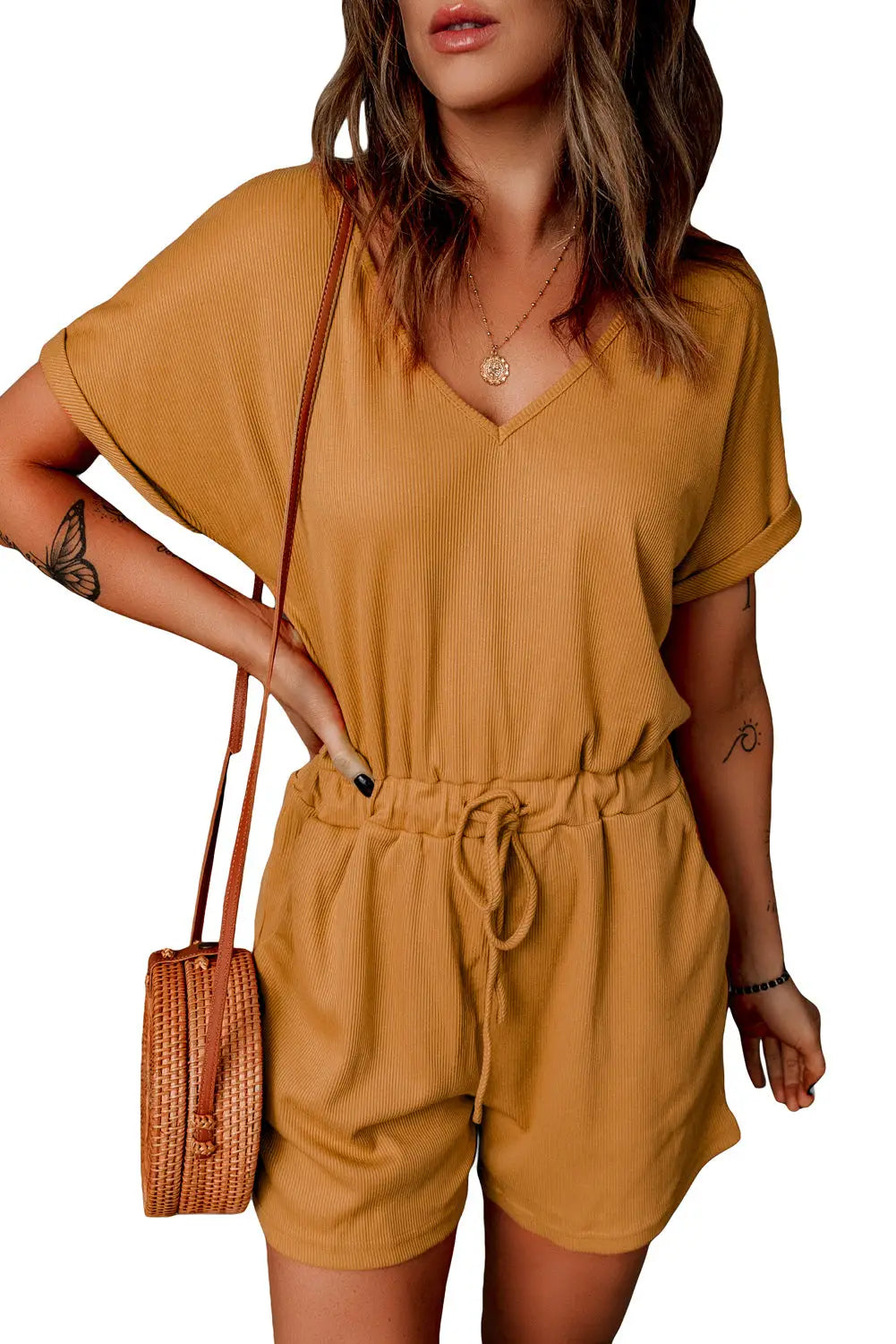 Brown pocketed knit romper - xl / 95% polyester + 5% spandex - jumpsuits & rompers