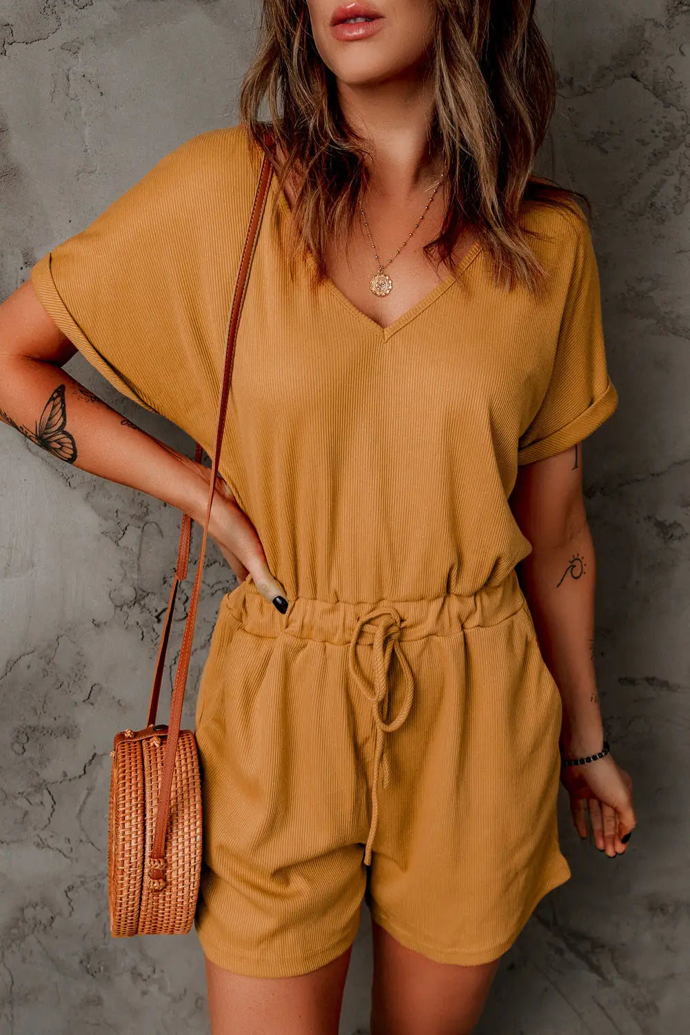 Brown pocketed knit romper - xl / 95% polyester + 5% spandex - jumpsuits & rompers