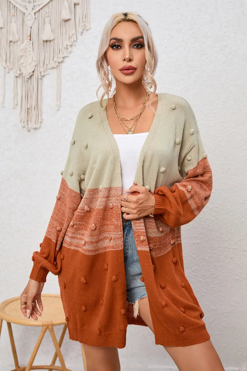 Brown pompom color block open front cardigan - sweaters & cardigans