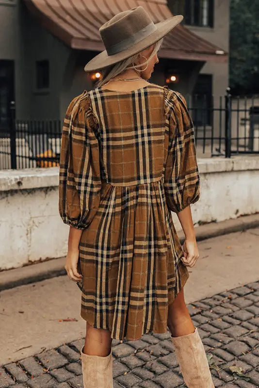 Brown printed plaid v neck plus size babydoll dress