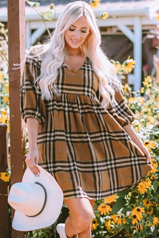 Brown printed plaid v neck plus size babydoll dress