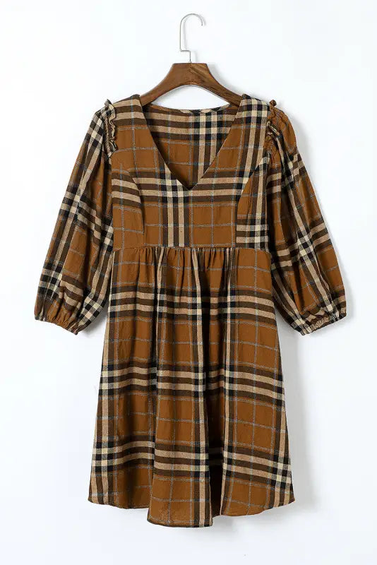 Brown printed plaid v neck plus size babydoll dress