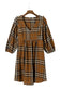 Brown printed plaid v neck plus size babydoll dress