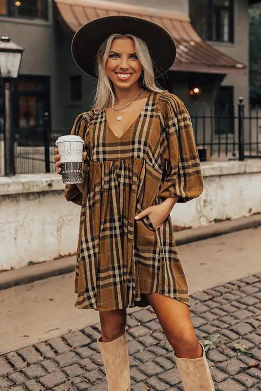 Brown printed plaid v neck plus size babydoll dress