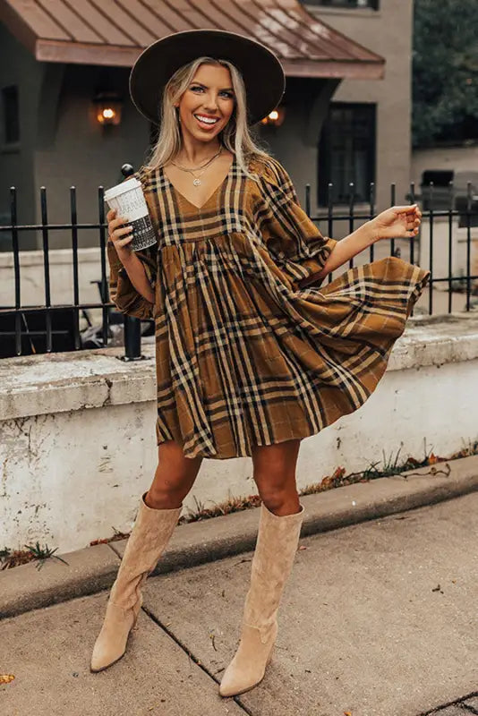 Brown printed plaid v neck plus size babydoll dress